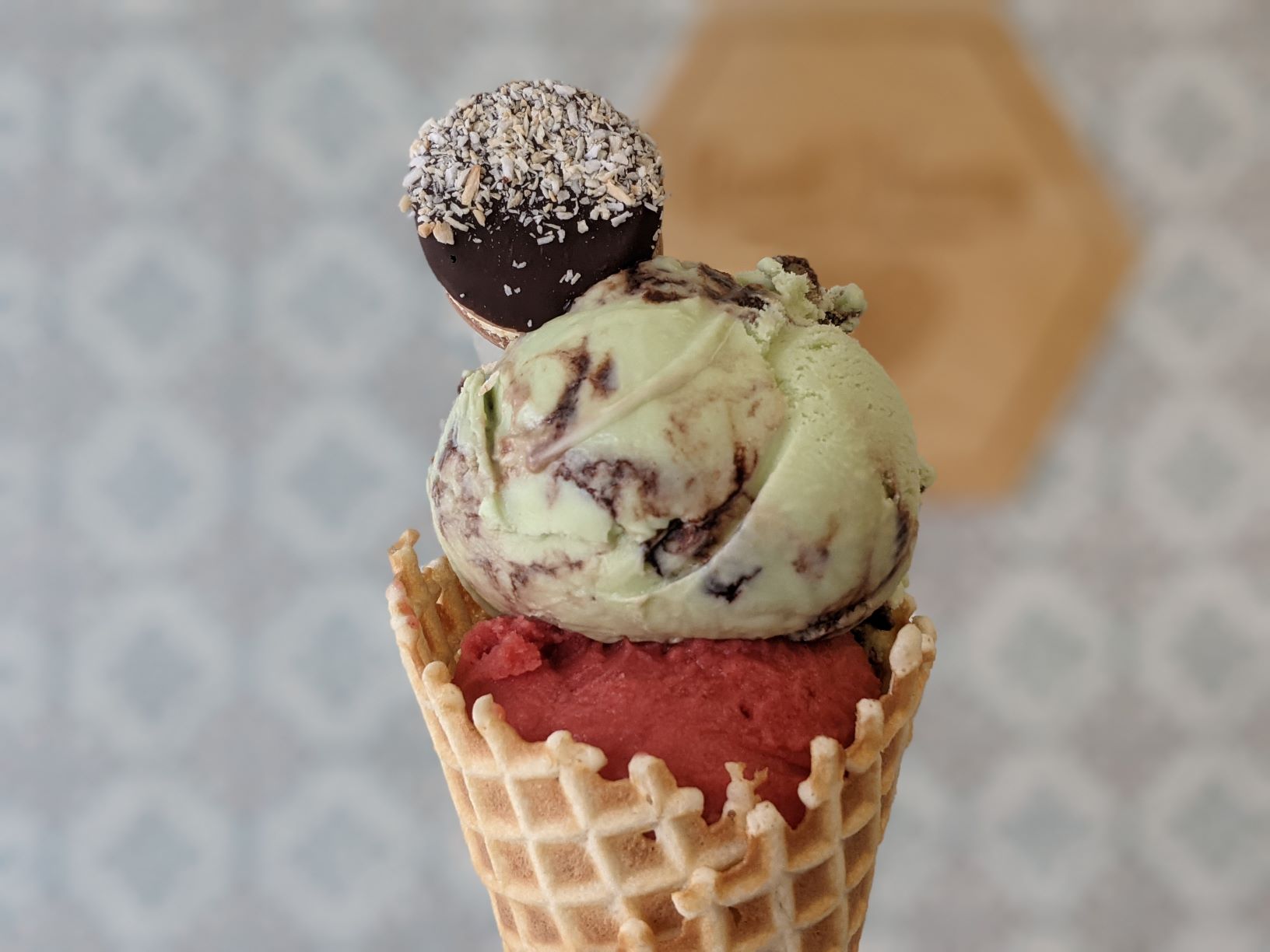 double scoop ice cream in waffle cone