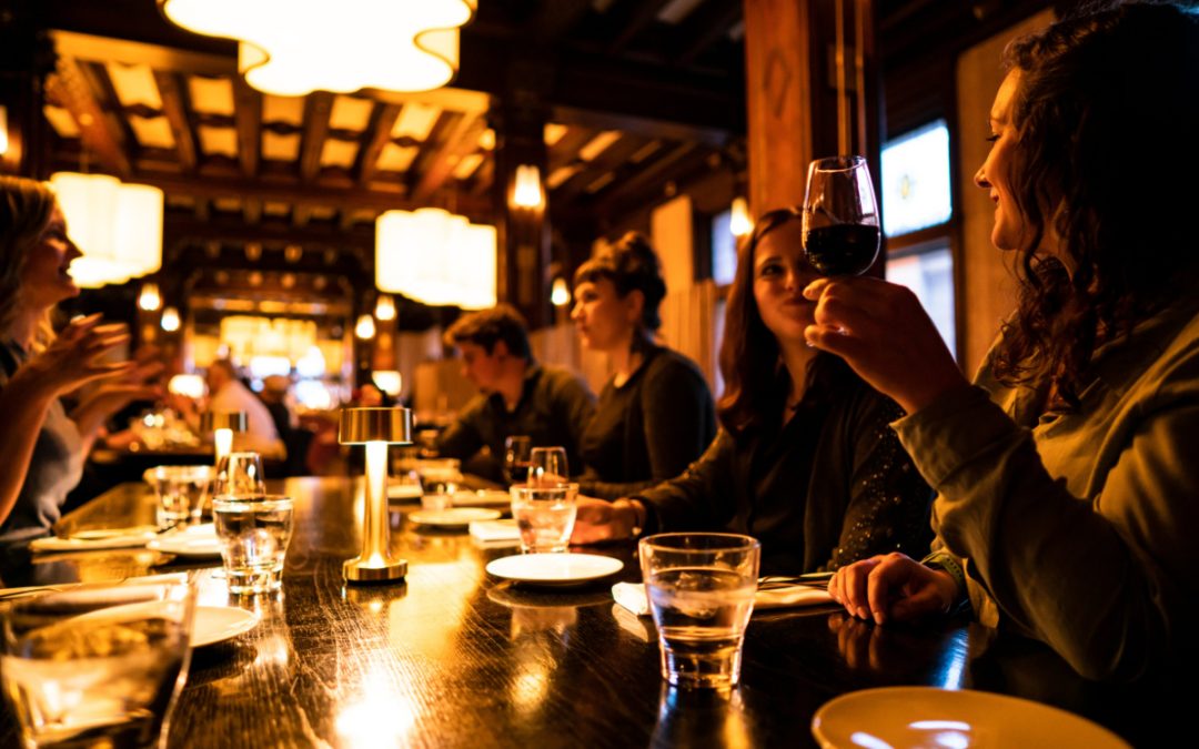 people around a table with a glass of wine at night