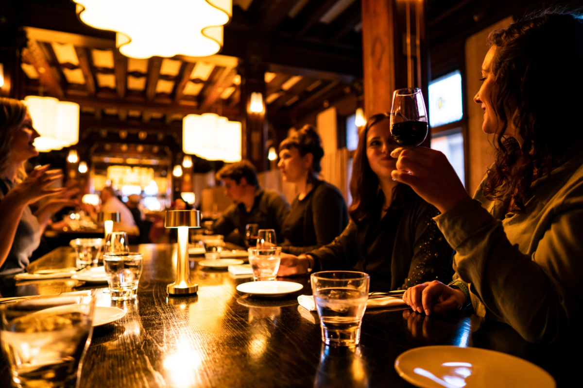 people around a table with a glass of wine at night