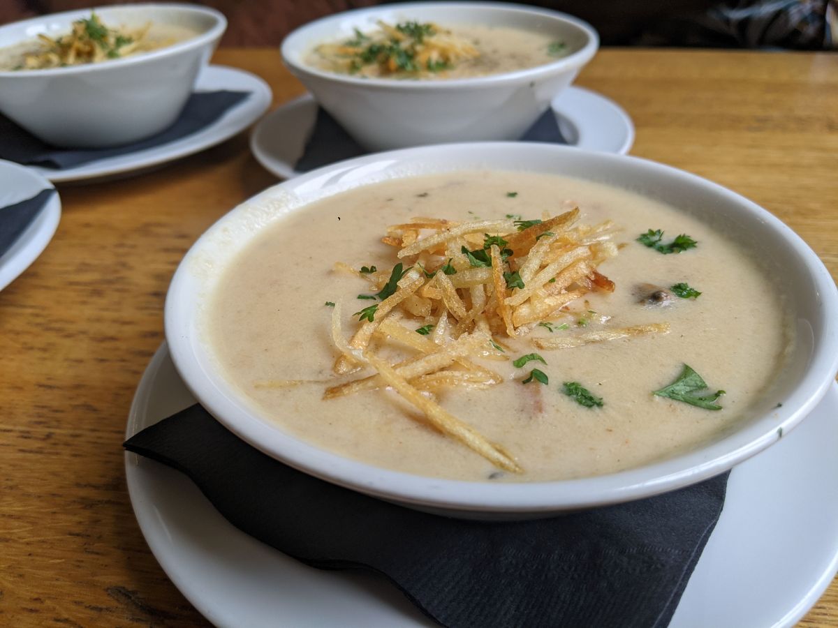 seafood-chowder-downtown-food-city-food-tour cup of seafood chowder from Steamship Bar & Grill