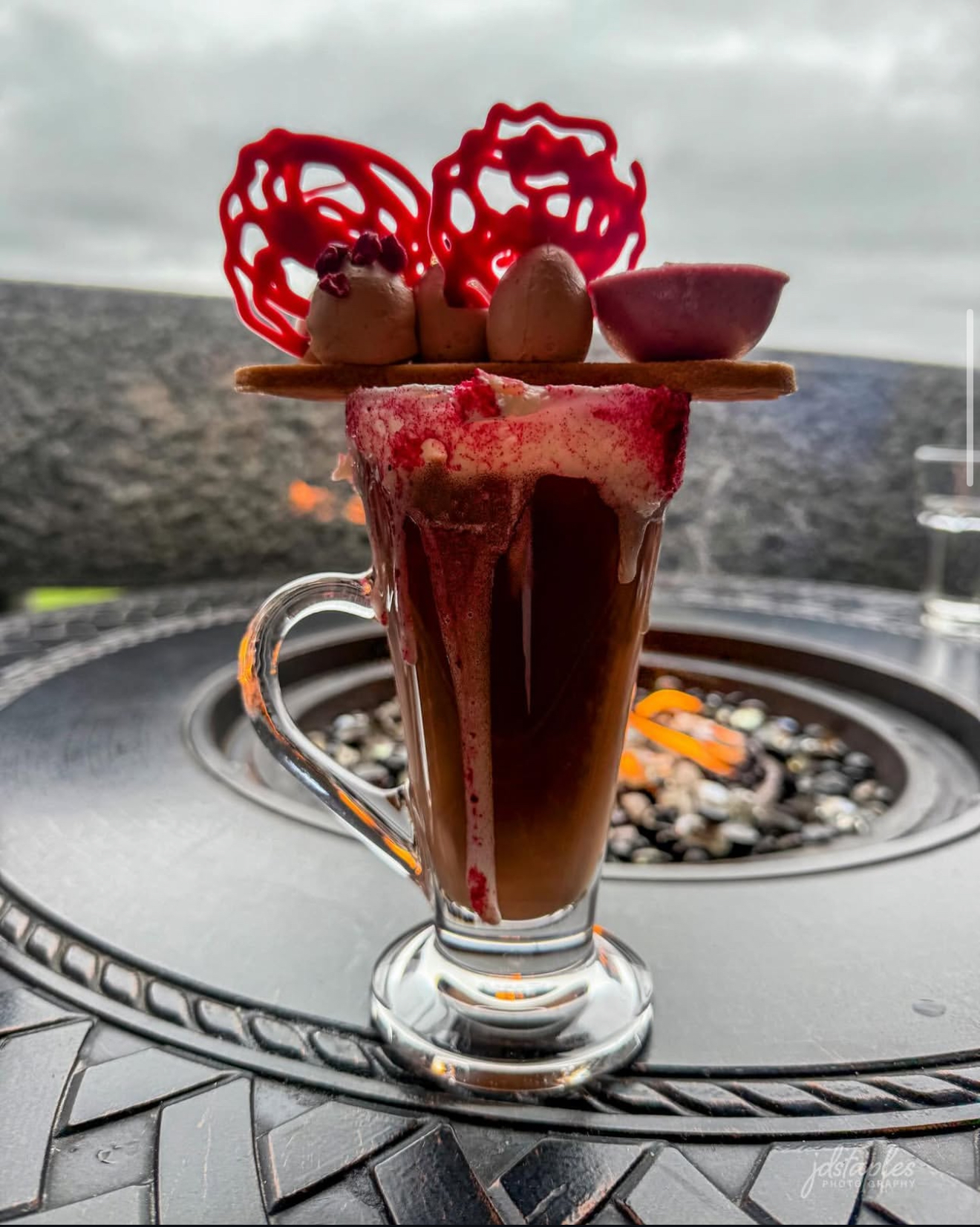 decadent hot chocolate near a fire